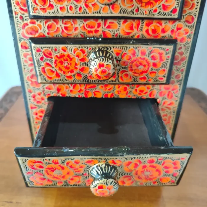 Kashmiri Black Paper Machie Small Almirah with Drawers- Hand Painted - Image 4