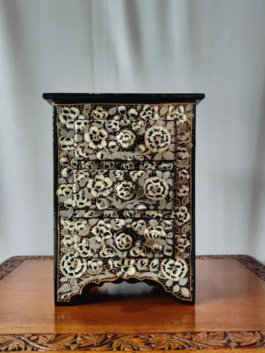 Hand Painted Black Kashmiri Almirah in Paper Machie with 3 Drawers