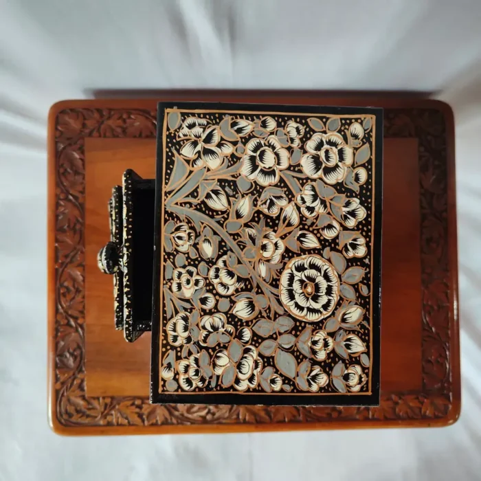 Hand Painted Black Kashmiri Almirah in Paper Machie with 3 Drawers - Image 5