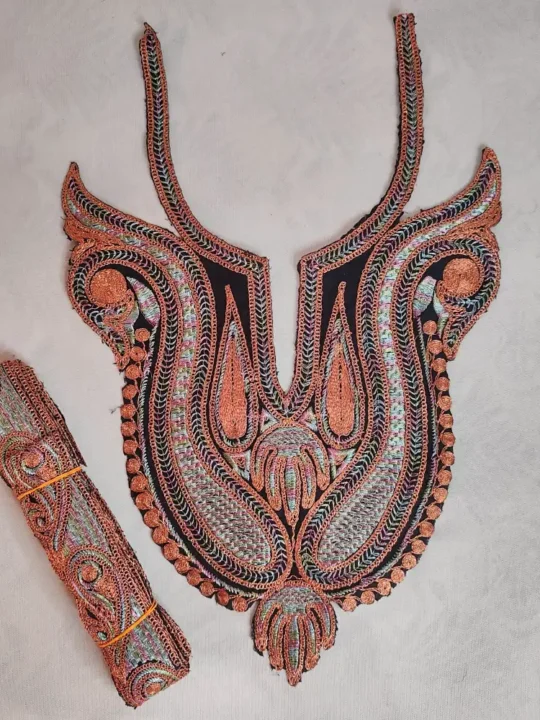 Kashmiri Badam Black and Copper Tilla Work Patch with Lace