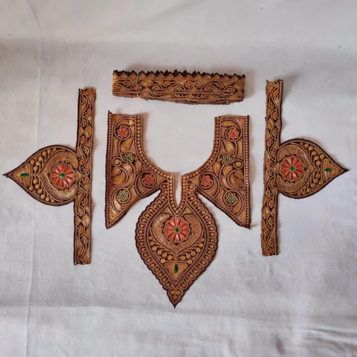 Brown Tilla Embroidered Kashmiri Izband Patch with Sleeves and Laces