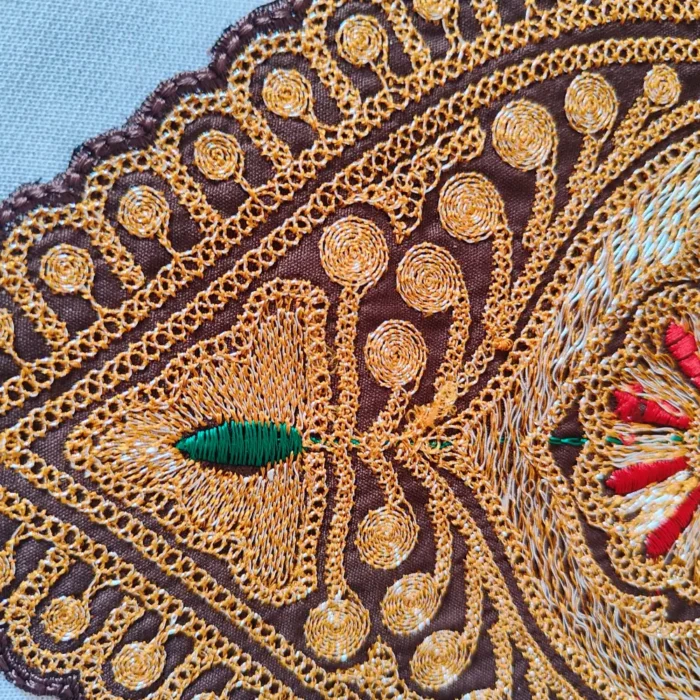 Brown Tilla Embroidered Kashmiri Izband Patch with Sleeves and Laces - Image 2