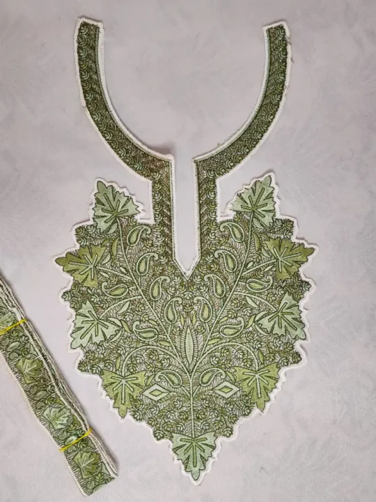 Kashmiri White and Green Needle Embroidered Patch with Lace