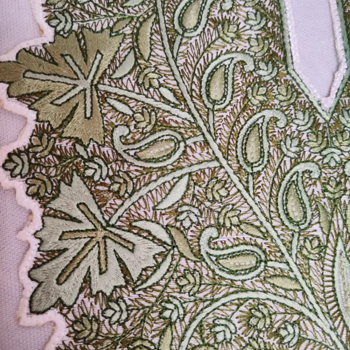 Kashmiri White and Green Needle Embroidered Patch with Lace - Image 2