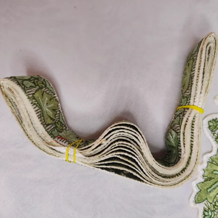 Kashmiri White and Green Needle Embroidered Patch with Lace - Image 3
