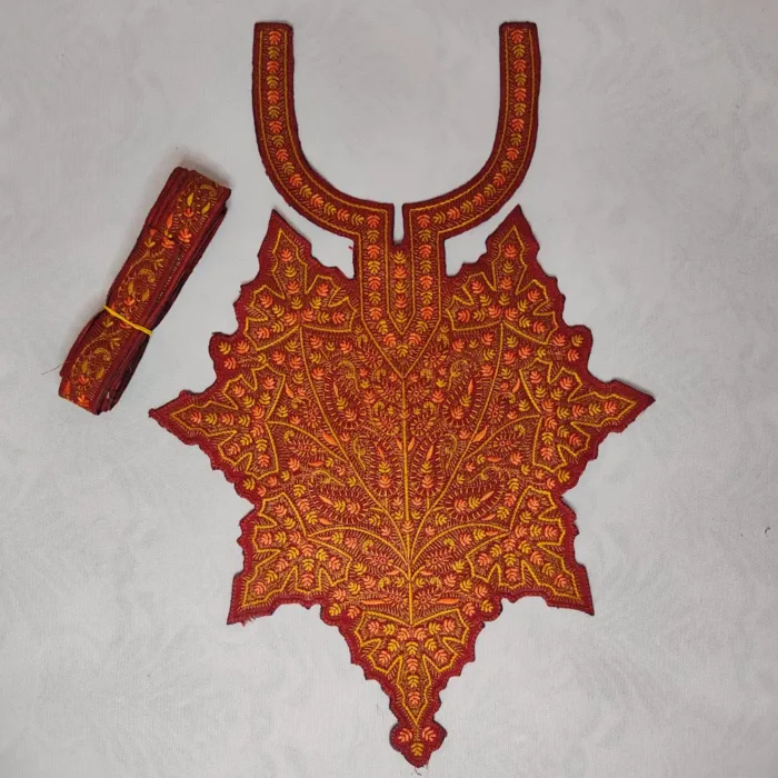 Maroon and Yellow Needle Embroidered Patch with Lace from Kashmir