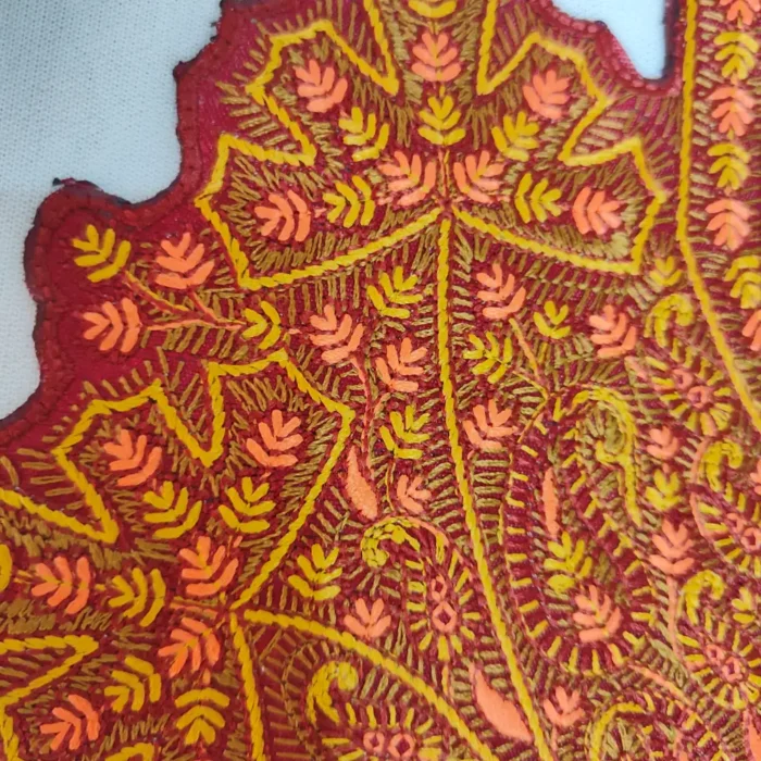 Maroon and Yellow Needle Embroidered Patch with Lace from Kashmir - Image 2