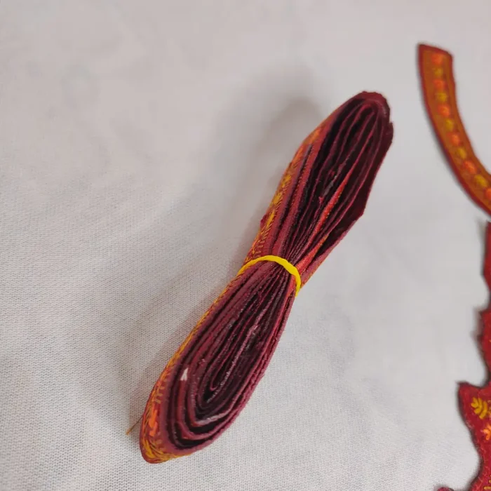 Maroon and Yellow Needle Embroidered Patch with Lace from Kashmir - Image 3