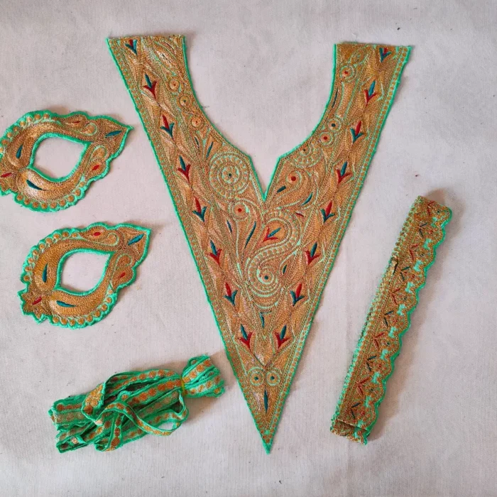 Green V Shape Tilla Embroidered Kashmiri Patch with Bootis and Laces