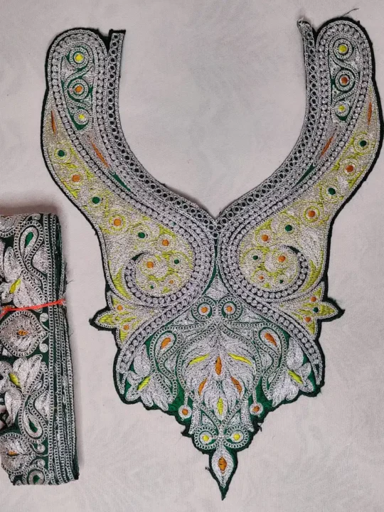 Green and Silver Tilla Work Afghani Patch with Lace from Kashmir
