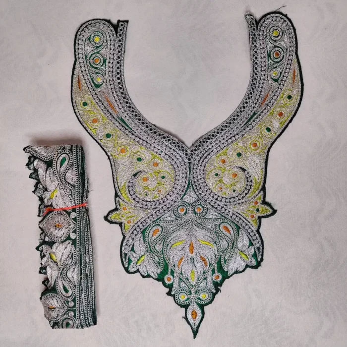 Green and Silver Tilla Work Afghani Patch with Lace from Kashmir