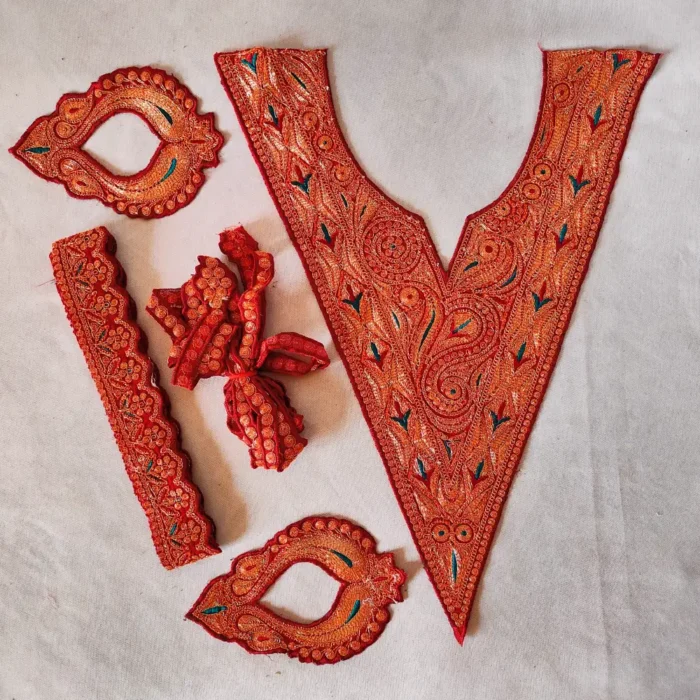 Maroon V Shape Tilla Embroidered Kashmiri Patch with Bootis and Laces