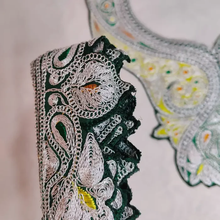 Green and Silver Tilla Work Afghani Patch with Lace from Kashmir - Image 3