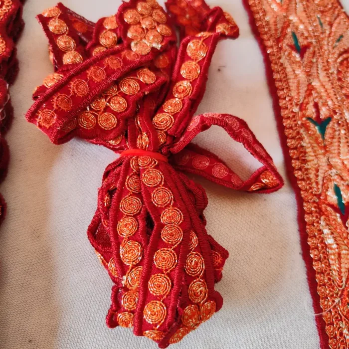 Kashmiri Maroon V Shape Tilla Embroidered Patch with Bootis and Laces - Image 3