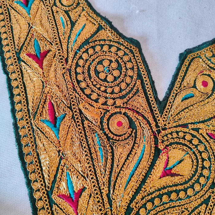 Dark Green V Shape Tilla Embroidered Kashmiri Patch with Bootis and Laces - Image 2