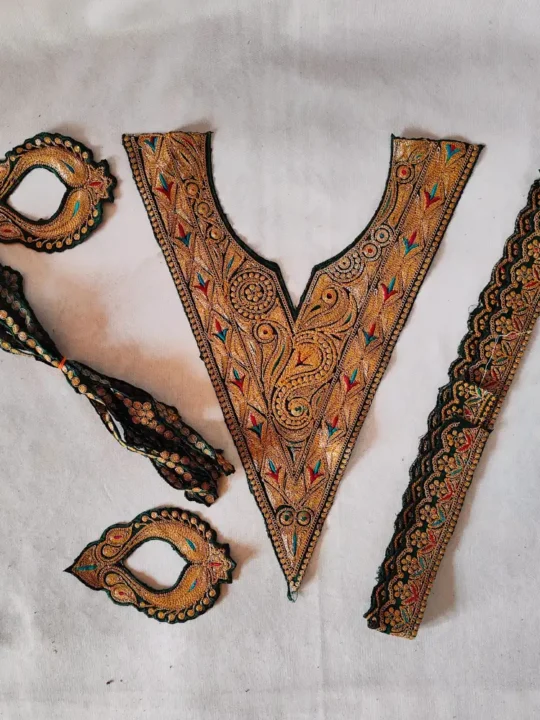 V Shape Tilla Embroidered Dark Green Kashmiri Patch with Bootis and Laces