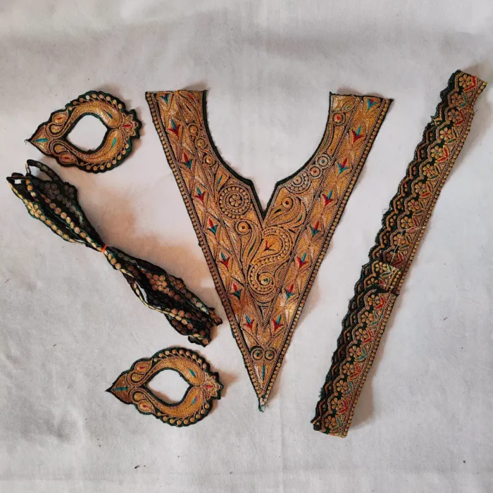 V Shape Tilla Embroidered Dark Green Kashmiri Patch with Bootis and Laces