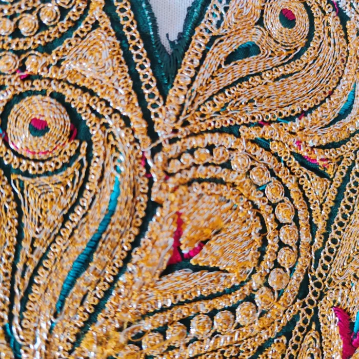 V Shape Tilla Embroidered Dark Green Kashmiri Patch with Bootis and Laces - Image 2