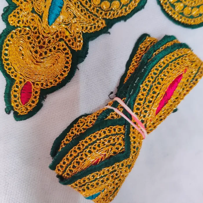 Badam Kul Kashmiri Green and Golden Tilla Embroidered Patch with 2 Laces - Image 2