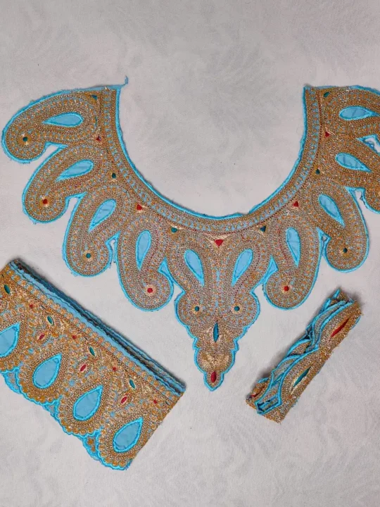 Blue and Golden Badam Kul Kashmiri Tilla Patch with Big and Small Lace