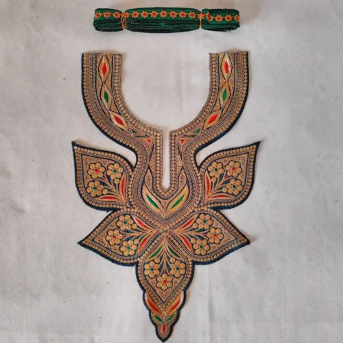 Dark Green and Golden Tilla Embroidered Sonzal Kashmiri Patch with Lace