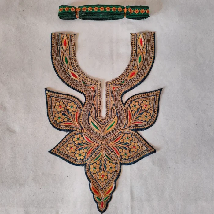 Dark Green and Golden Tilla Embroidered Sonzal Kashmiri Patch with Lace