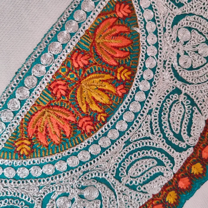 Kashmiri Blue and Silver Tilla and Needle Embroidered Sleeves - Neck Patch with Lace - Image 3