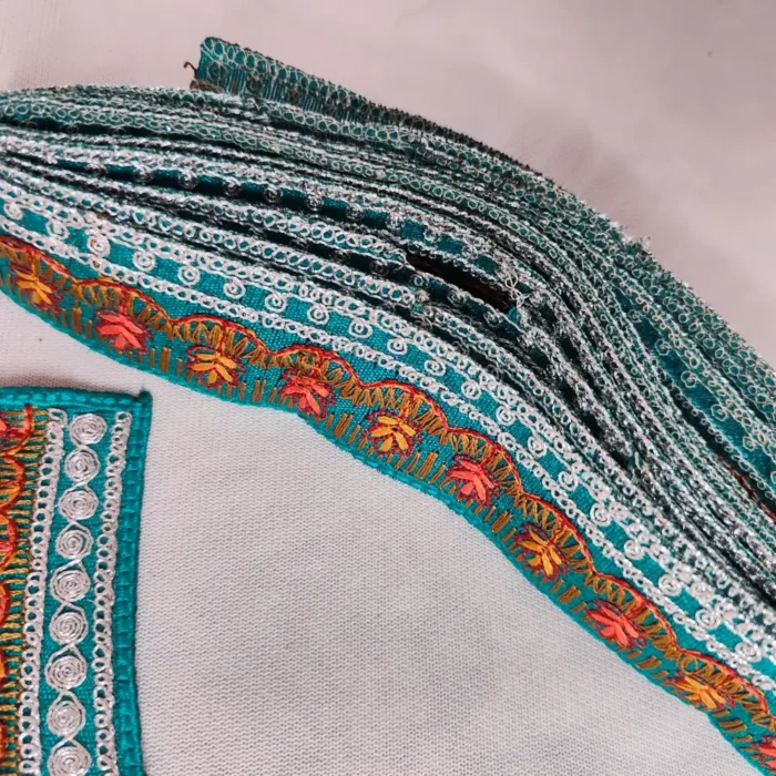 Kashmiri Blue and Silver Tilla and Needle Embroidered Sleeves - Neck Patch with Lace - Image 4