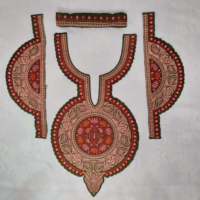 Kashmiri Green and Copper Tilla and Needle Embroidered Sleeves and Neck Patch with Lace