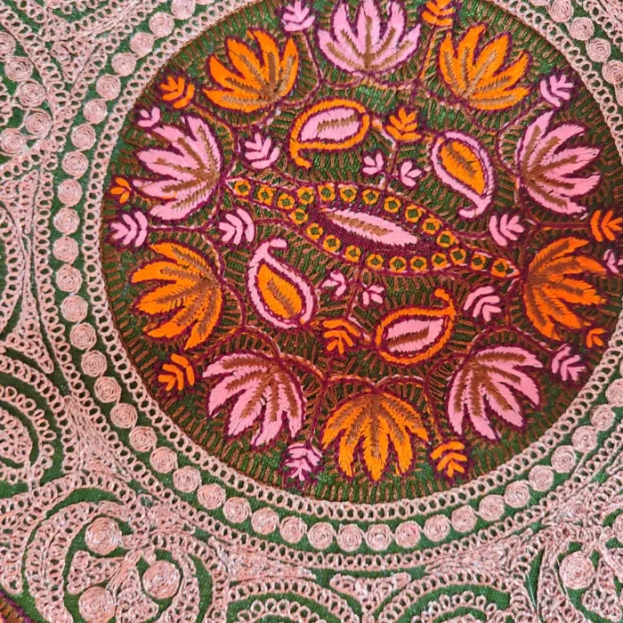 Kashmiri Green and Copper Tilla and Needle Embroidered Sleeves and Neck Patch with Lace - Image 4