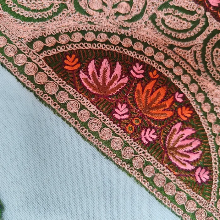 Kashmiri Green and Copper Tilla and Needle Embroidered Sleeves and Neck Patch with Lace - Image 2