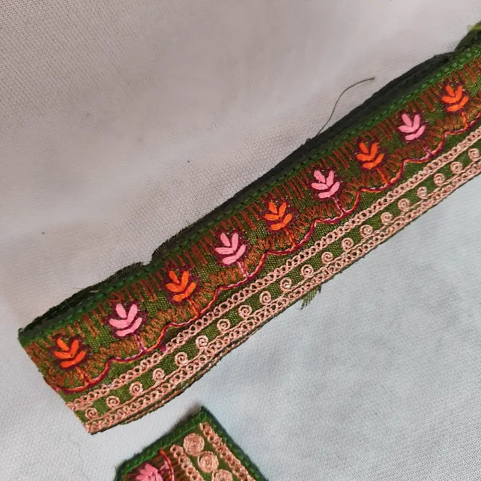 Kashmiri Green and Copper Tilla and Needle Embroidered Sleeves and Neck Patch with Lace - Image 3