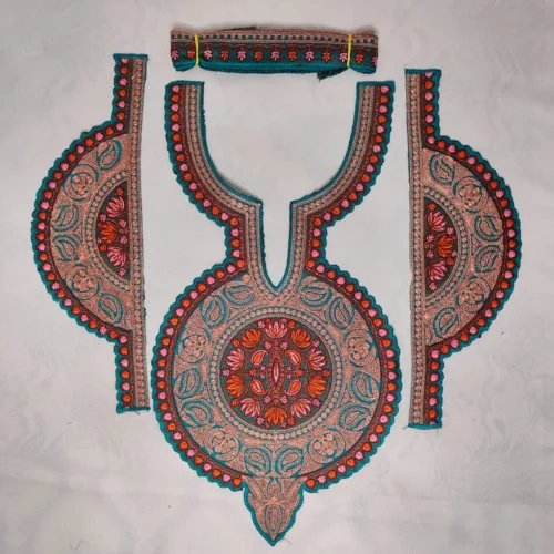 Blue and Copperr Tilla and Needle Embroidery Neck - Sleeves Patch with Lace