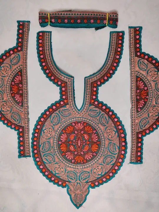 Blue and Copperr Tilla and Needle Embroidery Neck - Sleeves Patch with Lace