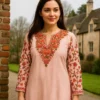 Kashmiri Baby Pinkish Long Cotton Kurti With Ari Embroidered Sleeves - Zohra