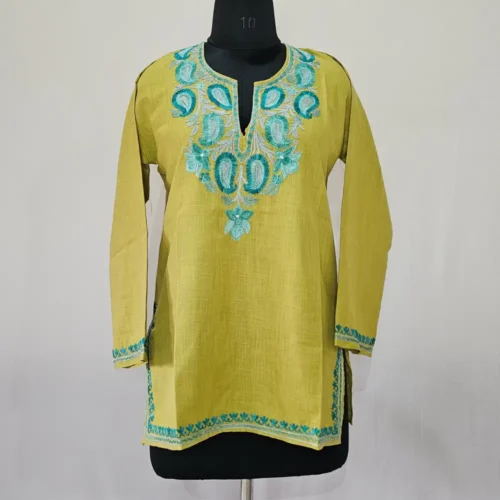 Olive Green Short Kashmiri Ari Embroidered Cotton Kurti - Zohra