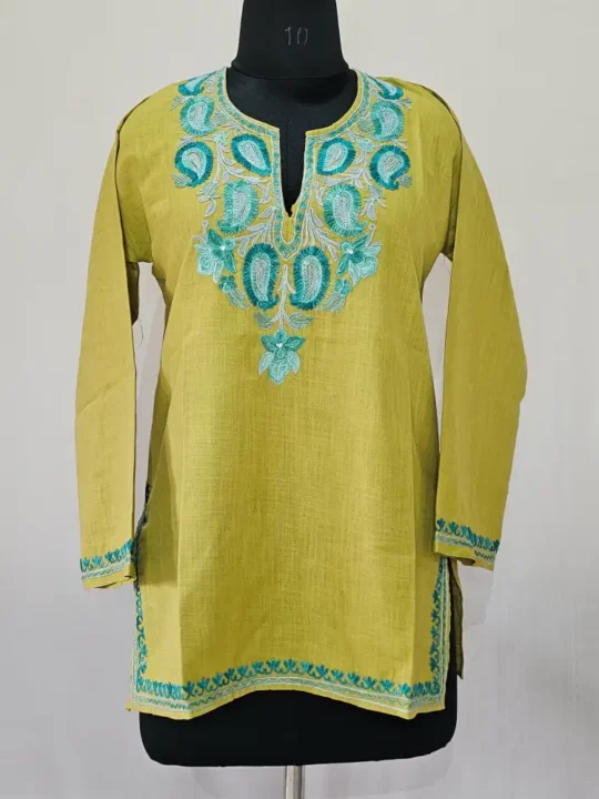Olive Green Short Kashmiri Ari Embroidered Cotton Kurti - Zohra