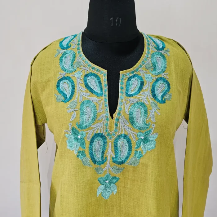 Olive Green Short Kashmiri Ari Embroidered Cotton Kurti - Zohra - Image 2
