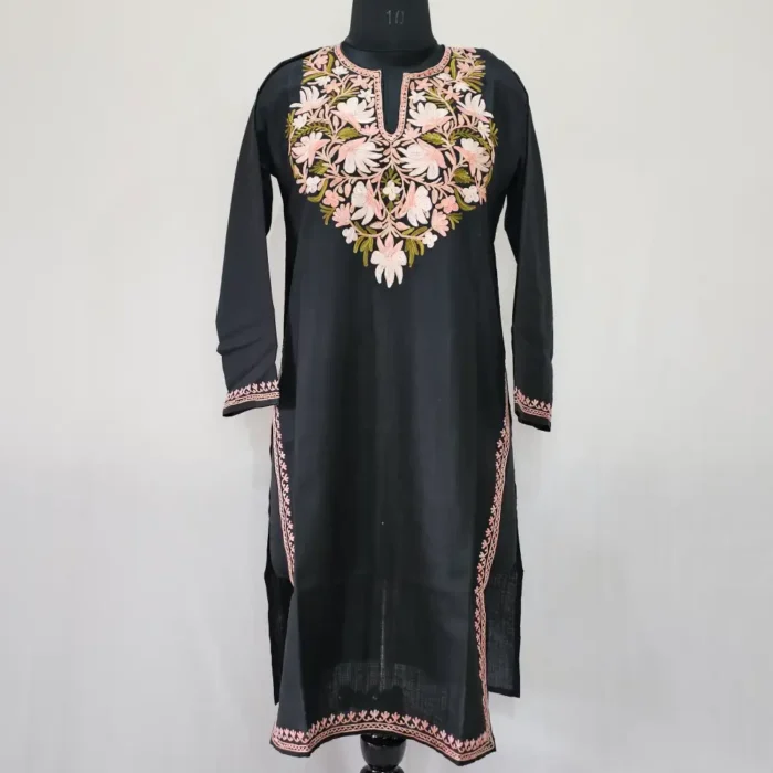 Black Long Kashmiri Ari Embroidered Cotton Kurti - Zohra - Image 2