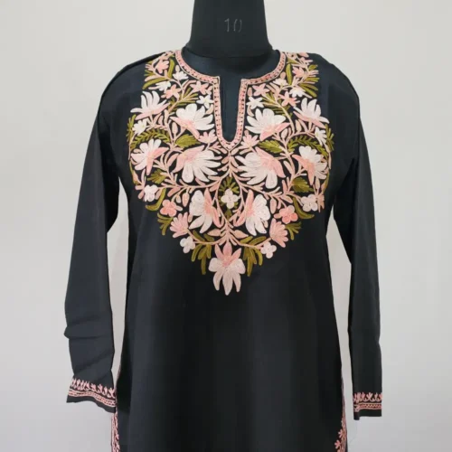 Black Long Kashmiri Ari Embroidered Cotton Kurti - Zohra