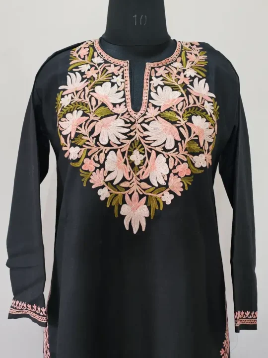 Black Long Kashmiri Ari Embroidered Cotton Kurti - Zohra