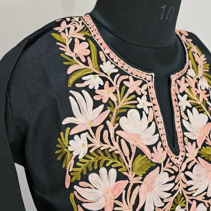 Black Long Kashmiri Ari Embroidered Cotton Kurti - Zohra - Image 3
