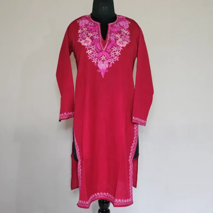 Maroon Color Long Kashmiri Ari Embroidered Cotton Kurti - Zohra - Image 2