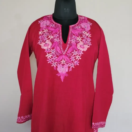 Maroon Color Long Kashmiri Ari Embroidered Cotton Kurti - Zohra