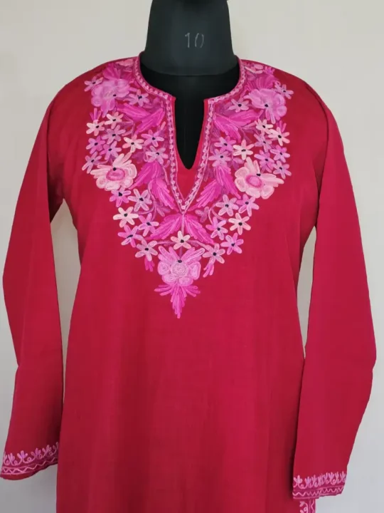 Maroon Color Long Kashmiri Ari Embroidered Cotton Kurti - Zohra