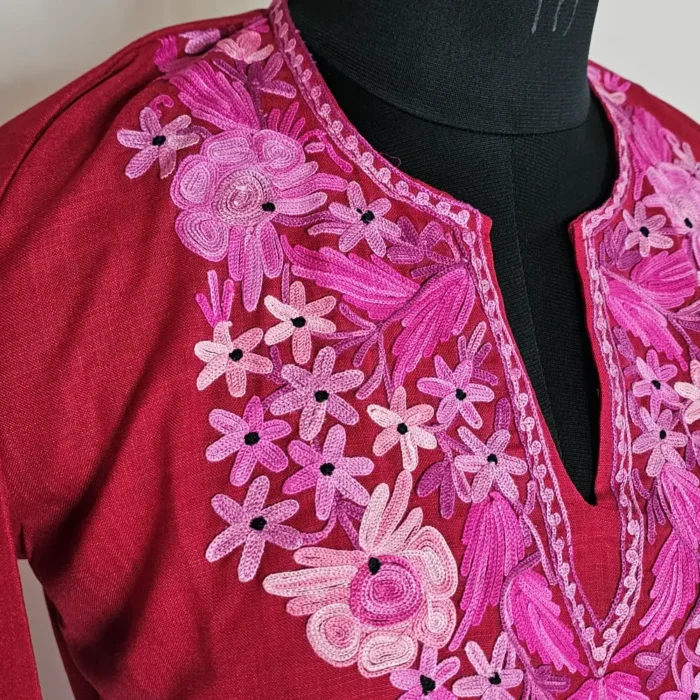 Maroon Color Long Kashmiri Ari Embroidered Cotton Kurti - Zohra - Image 3