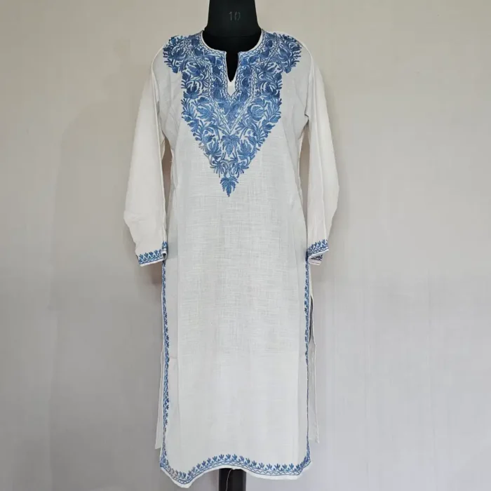 Creamy Long Kashmiri Ari Embroidered Cotton Kurti - Zohra - Image 2