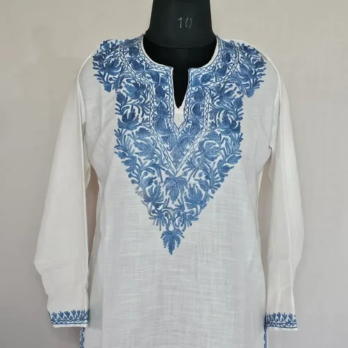 Creamy Long Kashmiri Ari Embroidered Cotton Kurti - Zohra