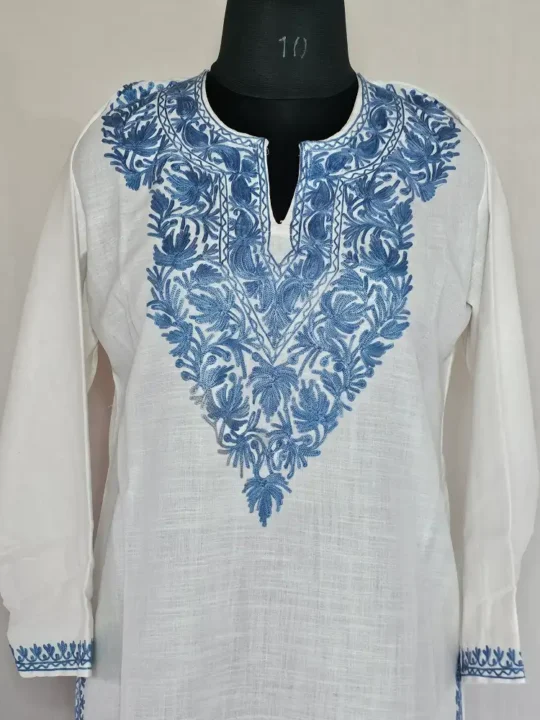 Creamy Long Kashmiri Ari Embroidered Cotton Kurti - Zohra