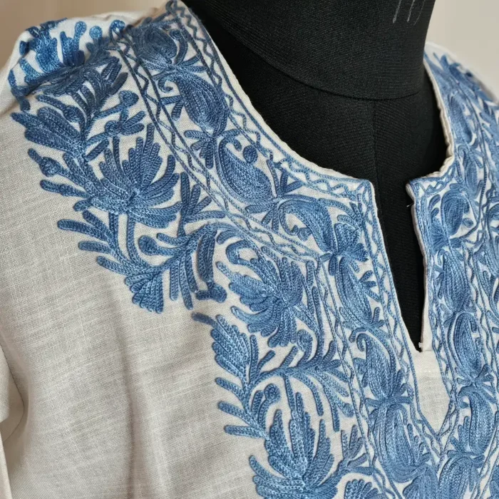 Creamy Long Kashmiri Ari Embroidered Cotton Kurti - Zohra - Image 3